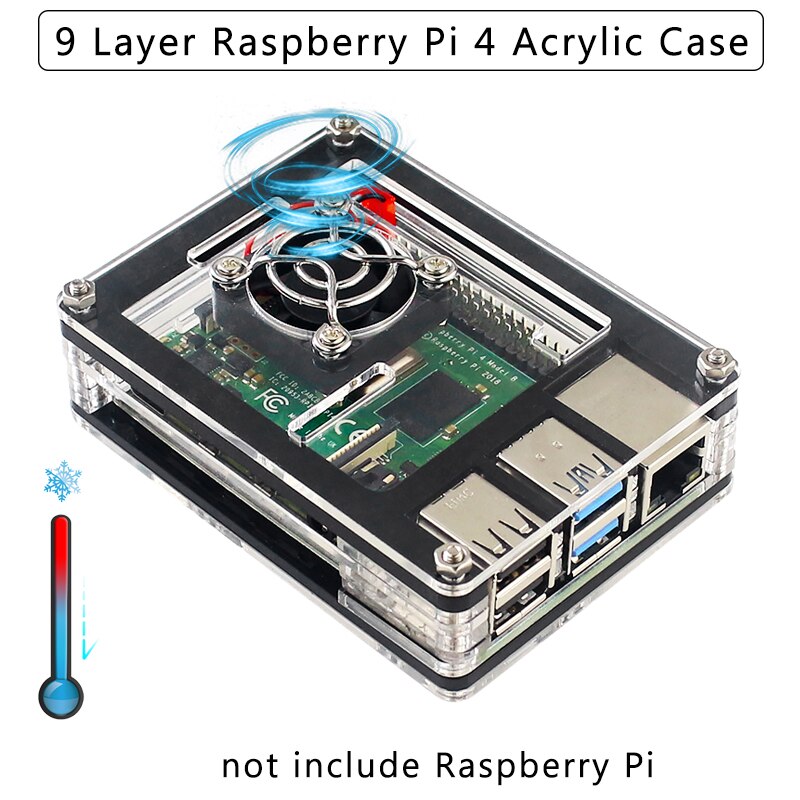 9 warstwa Malina Liczba Pi 4 akrylowa skrzynka przezroczysta powłoka wsparcie wentylator dla Malina Liczba Pi 4 Model B