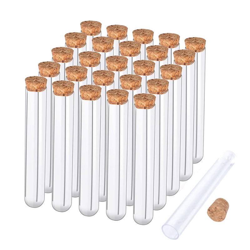 Tubo de ensayo de plástico transparente, accesorio con tapón de corcho, Fondo en forma de U, ideal para laboratorio o recuerdos de boda, especias, 20 piezas