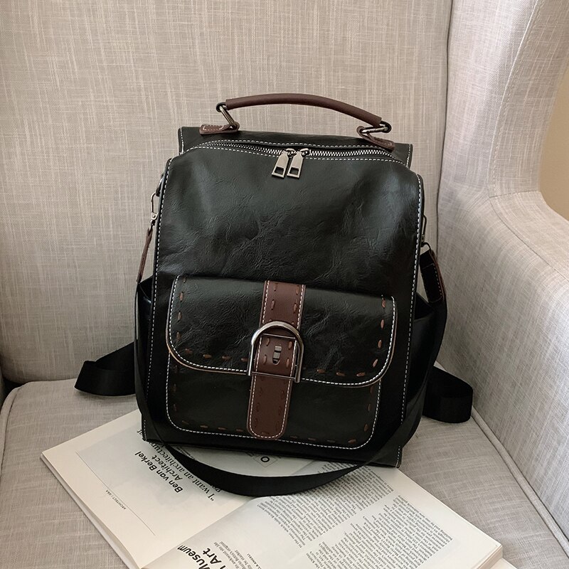 Luksus kvinder rygsæk vintage rejse pu læder rygsæk stor kapacitet bogtaske skoletasker til teenagepiger: Sort