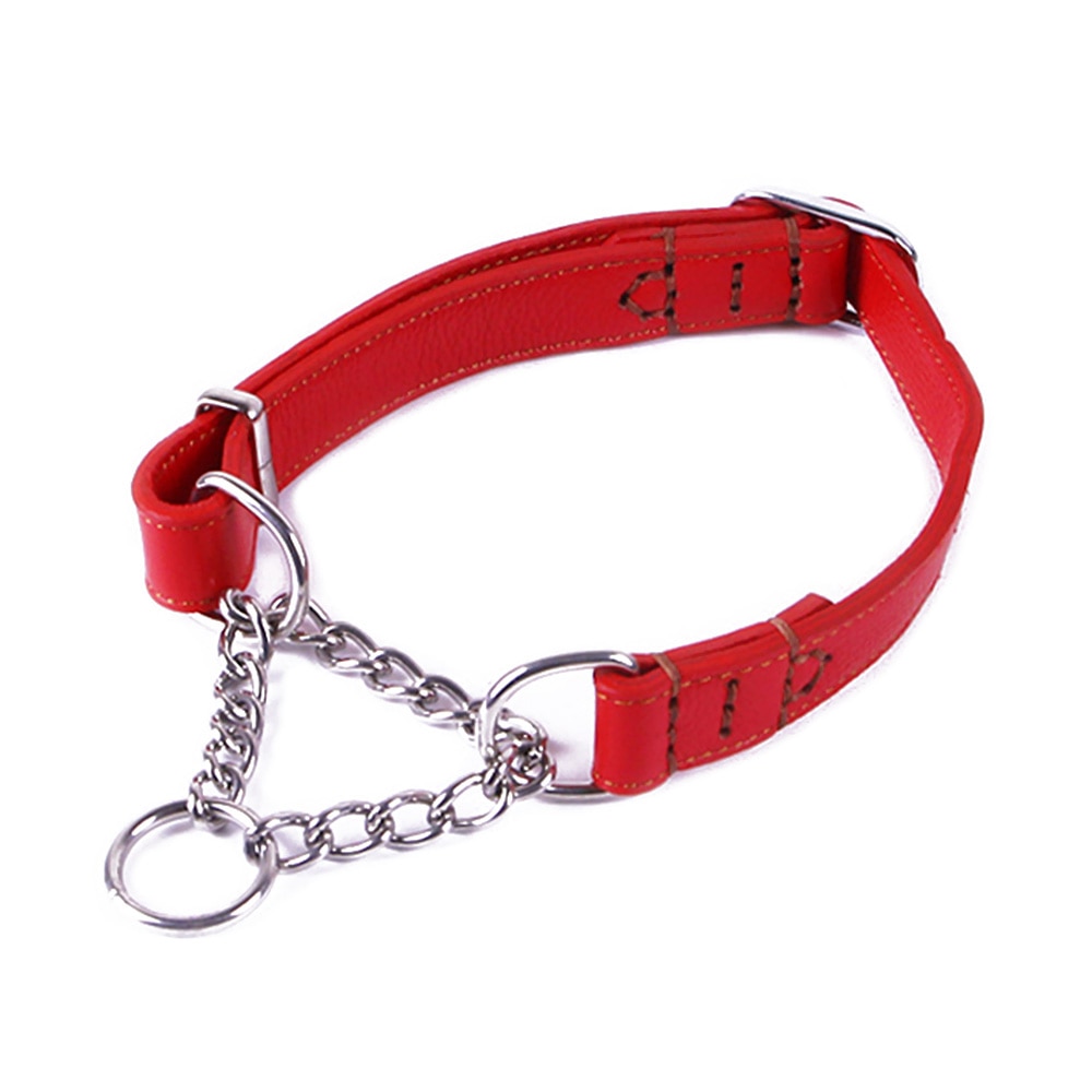 Dog Collar With Stainless Steel Chain Martingale Choke Collars For Medium Breed Dogs Leather Adjustable Durable: Red / S