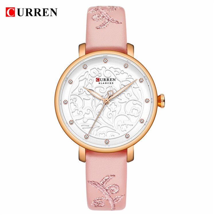 Top CURREN Vrouwen Horloges Roze Lederen Horloge met Strass Dames Klok Mode Luxe Quartz Horloge Relogio Feminino: L Pink