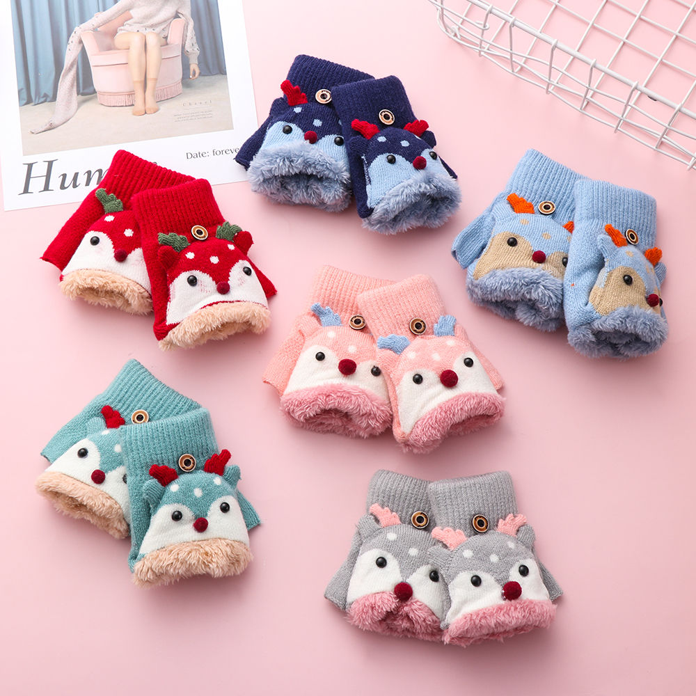 3-7 ans enfants mignon cerf Plus velours rembourré gants dessin animé maternelle bébé à clapet sans doigts gants chauds