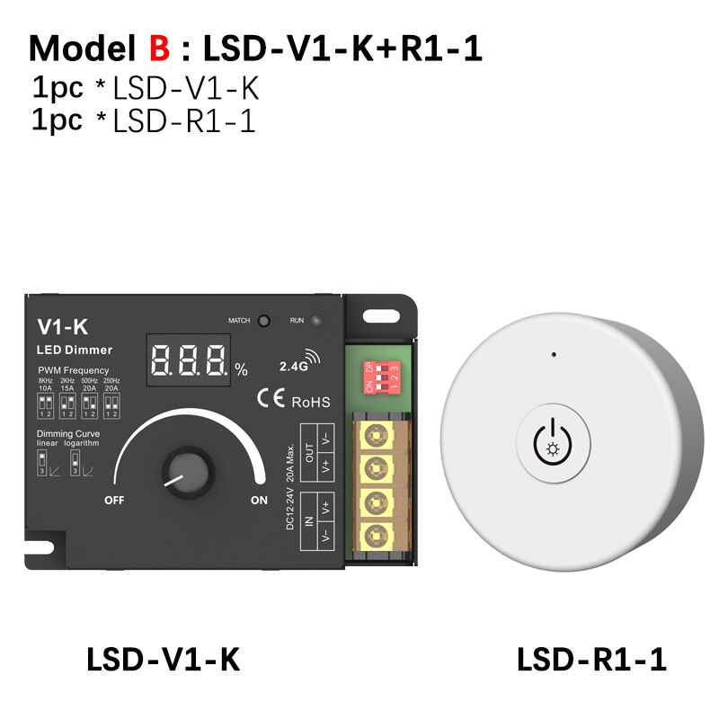Rotary LED Dimmer DC 12V 24V PWM Wireless Frequency Adjustable 20A Single Color LED Strip Controller Knob 12 Volt Dimmer Switch: Model B