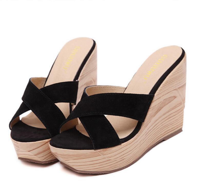Sandalias con plataforma de banda cruzada, Sandalias con cuña para mujer, chanclas de playa, zapatos de cuero de ante de verano, Sandalias de mujer Sildes: Black / 4,5