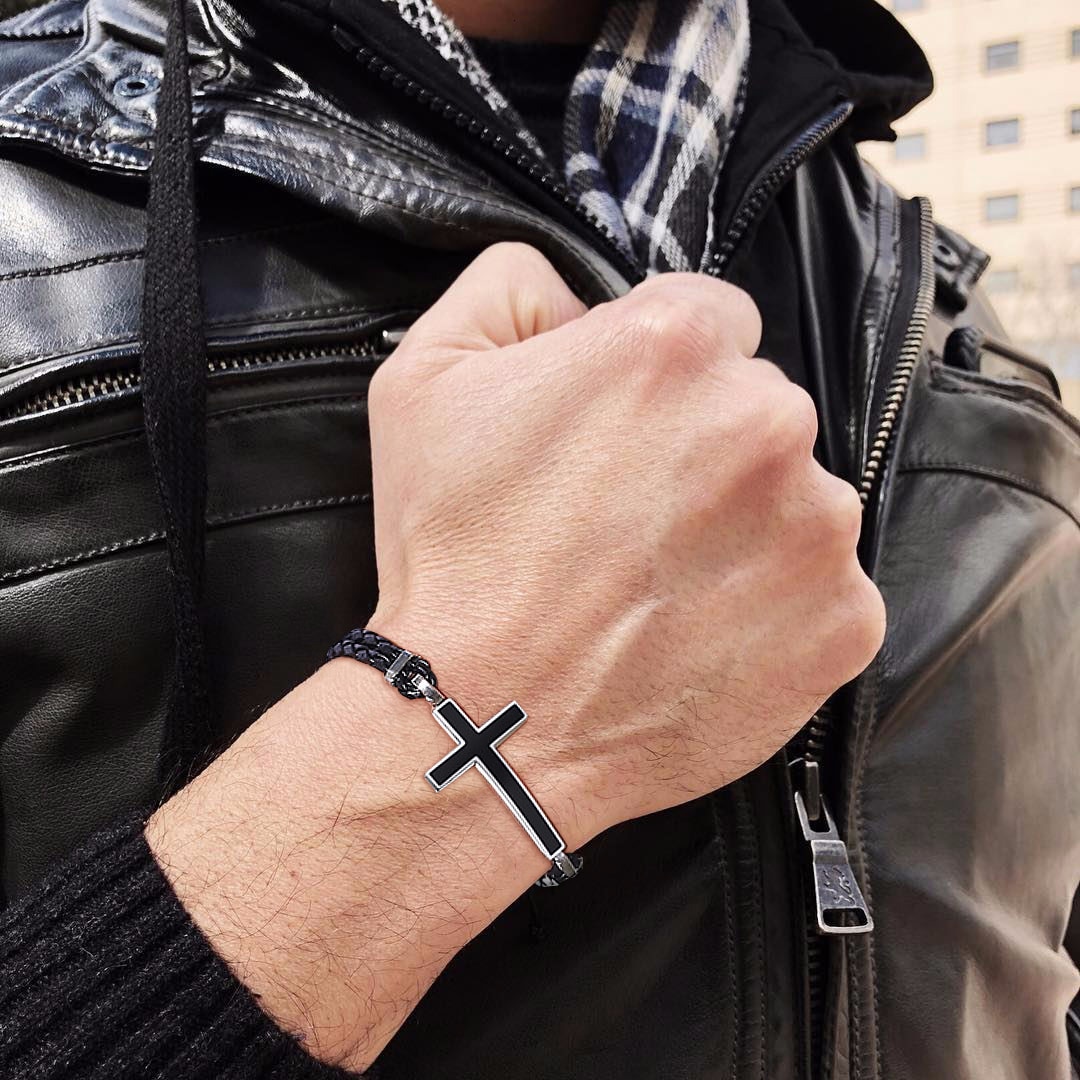 Mannen Zwarte Cross Dubbel Gevlochten Lederen Armband Magentic Sluiting Mannen Sieraden Cadeau Voor Haar