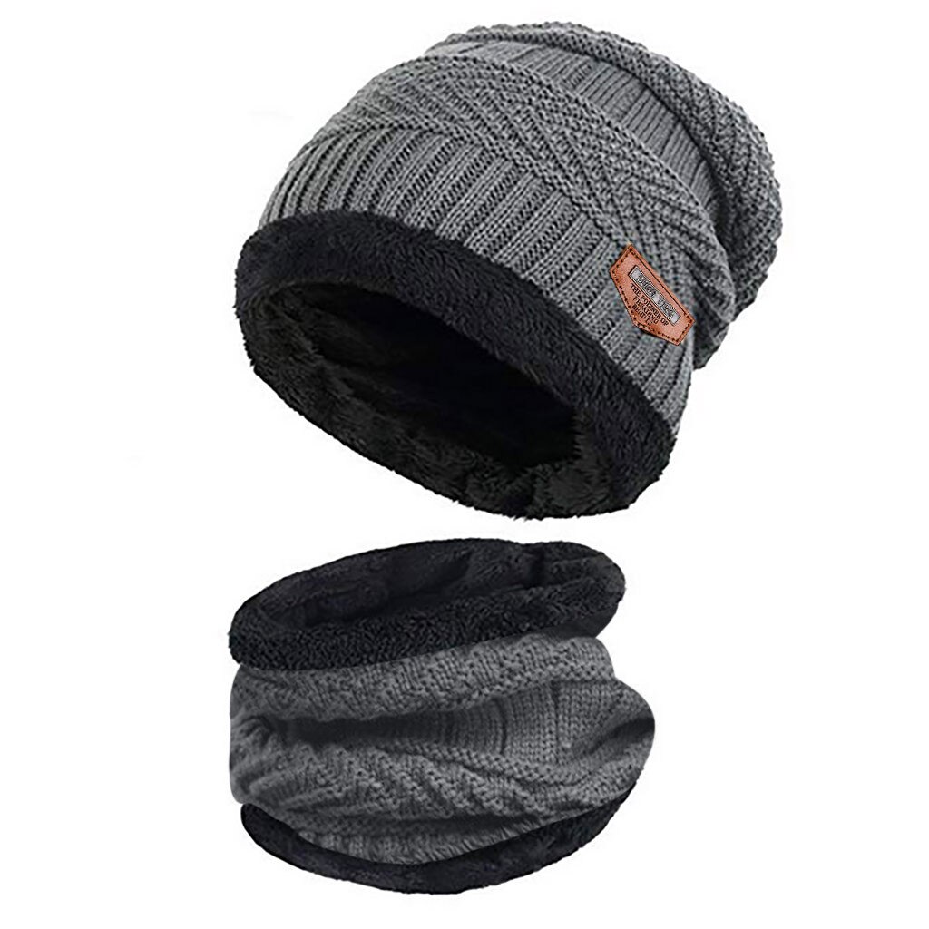 Vinter strikket hue tørklæde sæt til mænd tyk fleece varm hue hat tørklæde sæt solid strik vindtæt udendørs ski cap ring tørklæde: Grå