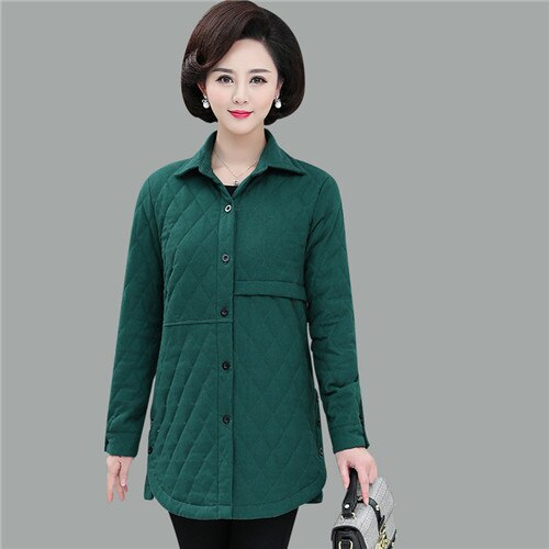 Chaqueta acolchada de algodón para mujer, chaqueta fina con cuello camisero de mediana edad, para otoño e invierno,: Verde militar / XXL