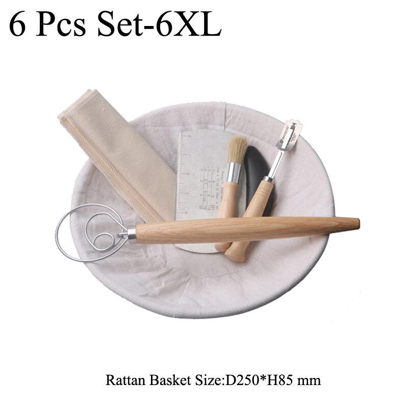 Banneton-herramientas para panadero de pan de campo europeo, cesta redonda de mimbre a prueba de agua, juego de 6 piezas con cepillo delineador, espátula para masa: Round 6pcs Set-6XL