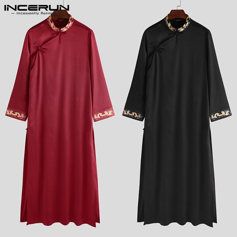 INCERUN Chinese Style Men Robes Printed Stand Collar Traditional Long Sleeve Men Long Gowns Button Vintage Cheongsam Plus Size