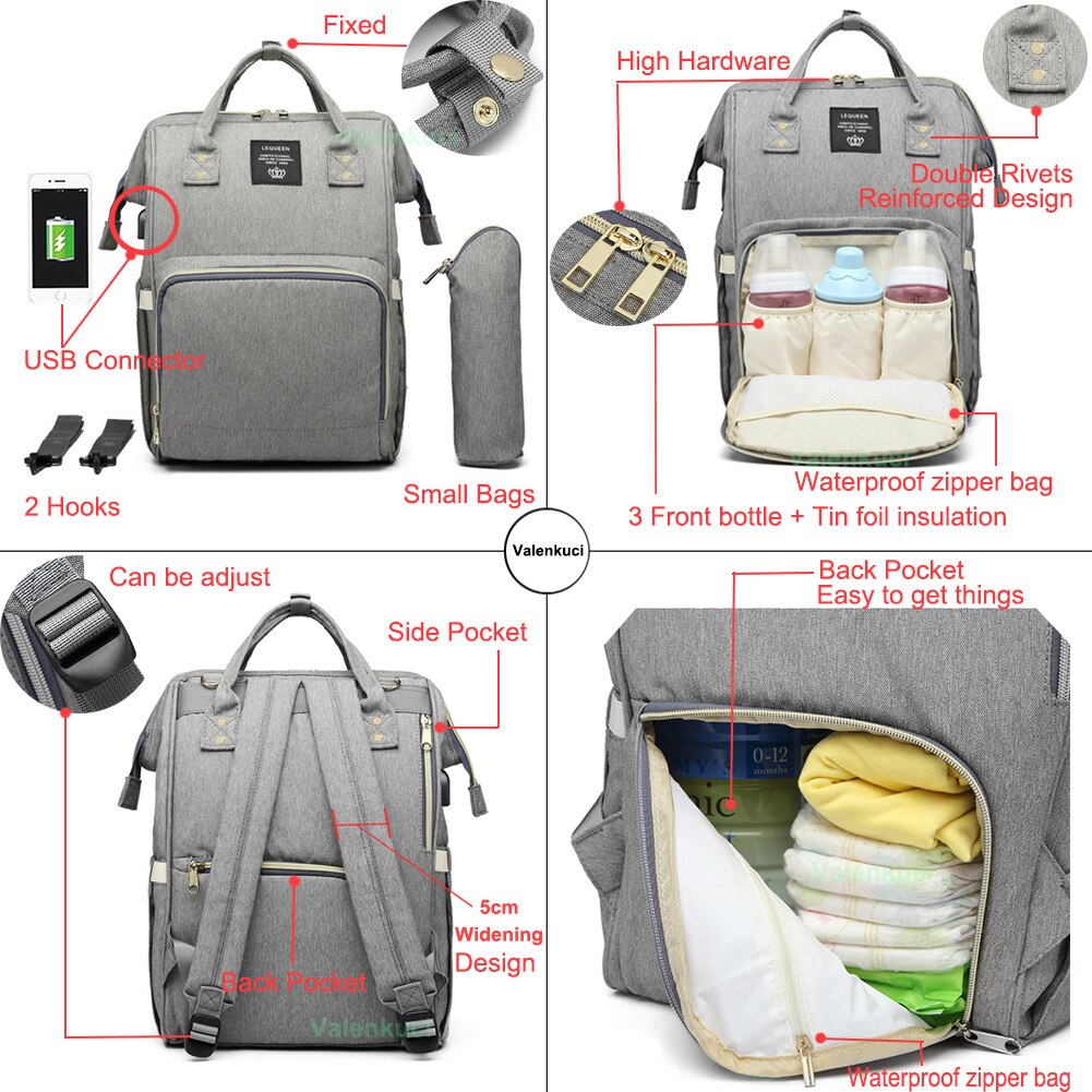 LEQUEEN Windel Taschen USB Mumie Mutterschaft Windel Tasche Große Baby Tasche Wasserdichte Reise Rucksäcke Pflege Taschen für Baby Pflege