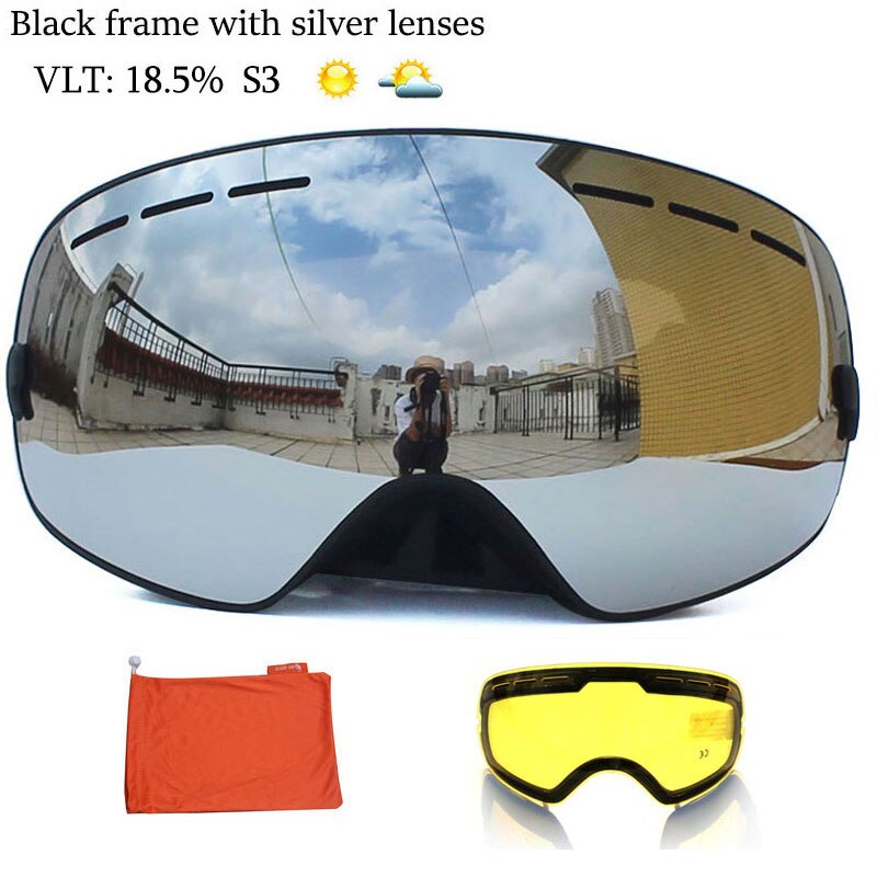 Anti-fog Ski Goggles UV400 Ski Glasses Double Layers Skiing Snowboard Snow Goggles Ski Eyewear With One Graced Brightening Lens: Black Silver