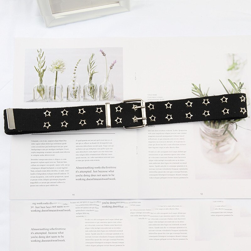 Double Grommet Belt Canvas Belt Double star Hole Belt for Women Punk Rock Jeans Belt: black