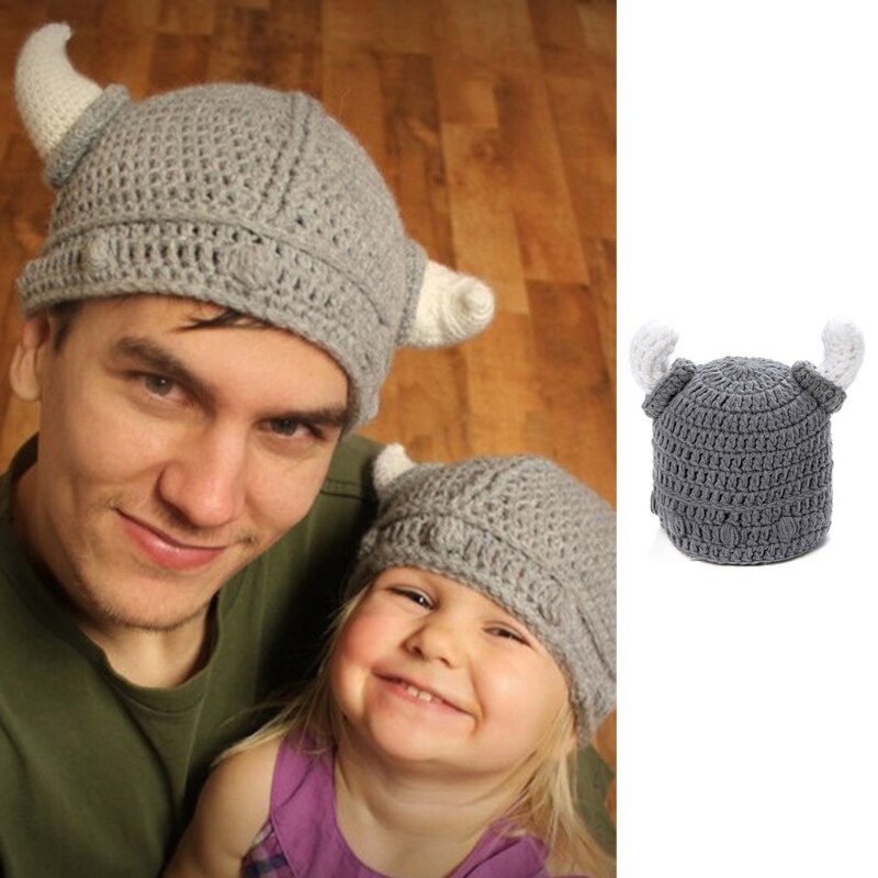 Volwassen Kids Handgemaakte Haak Gebreide Beanie Hat Leuke Grappige Ox Hoorn Ouder-kind Barbarian Viking Stretchy Skullies Cap