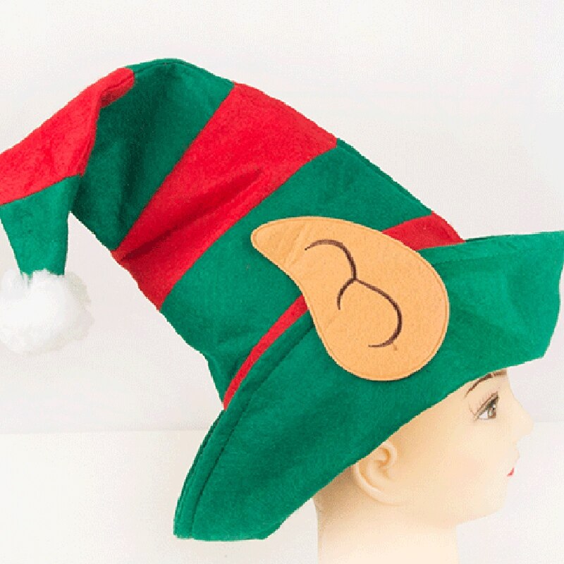 --Christmas Elf Hat Adults with Ears Red Green Striped One Size Fits Most Non-Woven Elf Hat with Ears