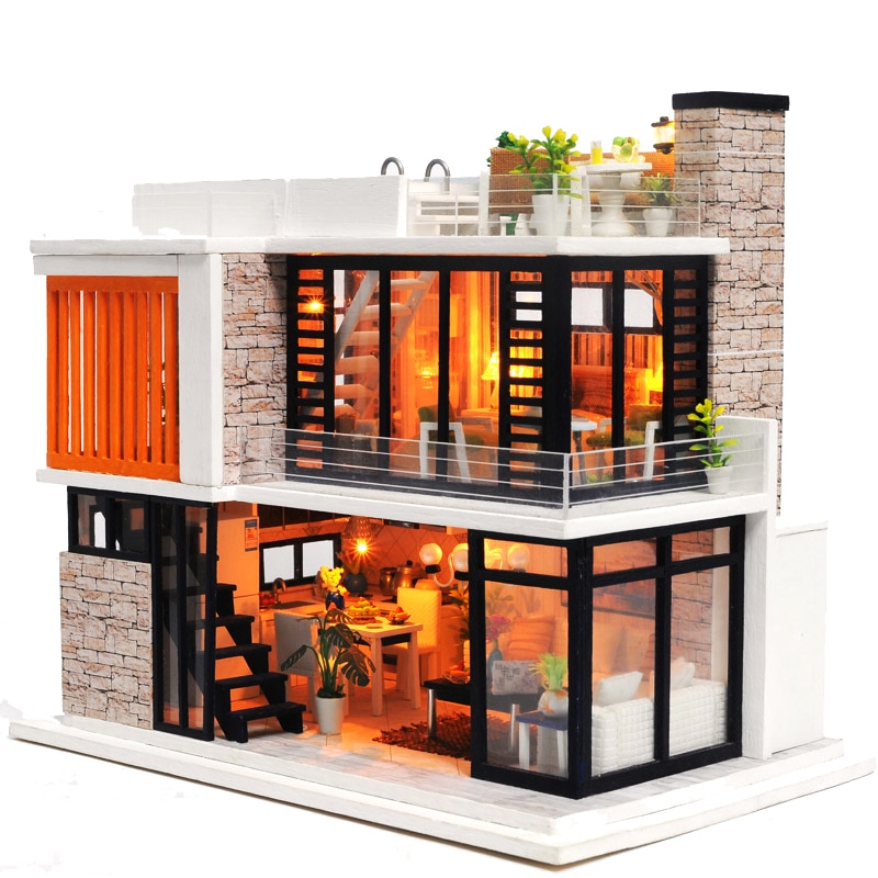 Dubbele-Verhaal DIY Poppenhuis Meubels Houten Miniatuur Poppenhuizen Met Stofkap Handgemaakte Ambachtelijke Speelgoed voor Kinderen