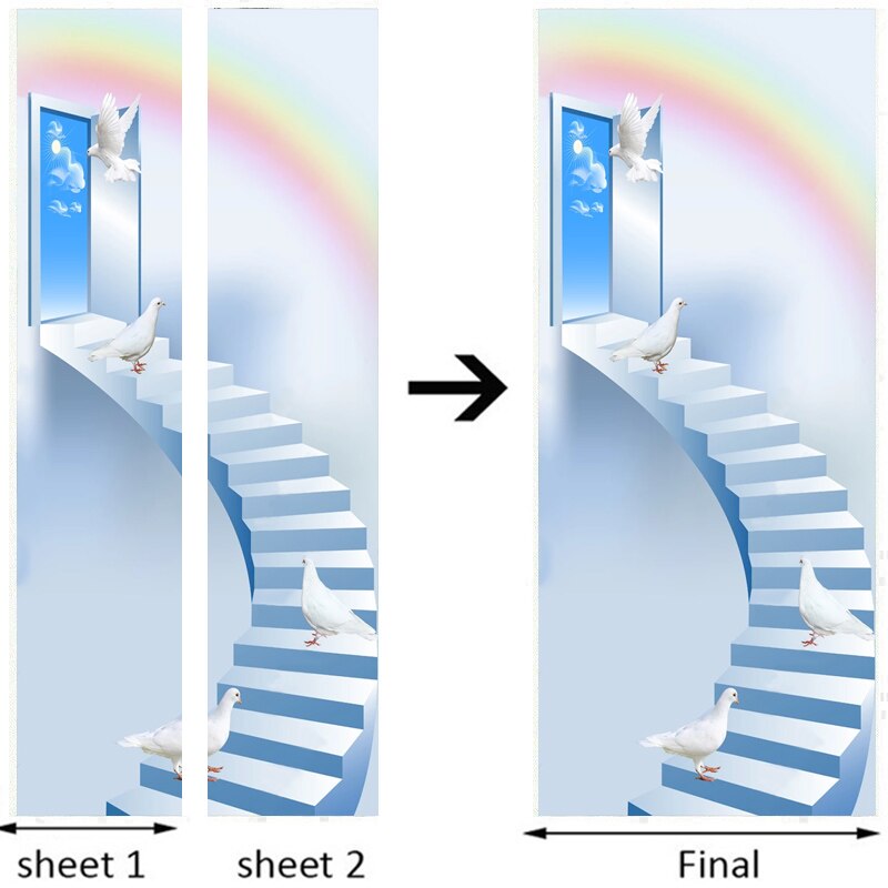 Home Decor Door Sticker 3D Stairs Pigeon Rainbow Mural Wallpaper Living Room Kid&#39;s Bedroom Door Poster Self-Adhesive Waterproof