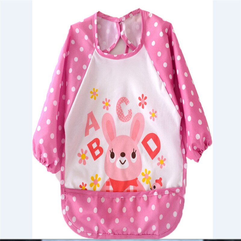 0-3Y Toddler Silicone Bibs Feeding Baby Crumb Catcher Wipeable Waterproof Pocket Long Sleeve Bib Cartoon Paint Play Apron: Pink Rabbit