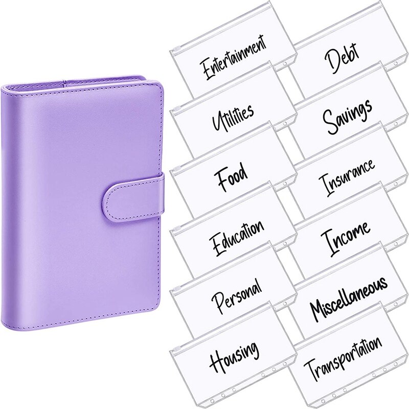 A6 PU Leather Notebook Magnetic Personal Planning Binder with 12 Binder Pockets Binder Zipper Folder for Bill Planning: Purple