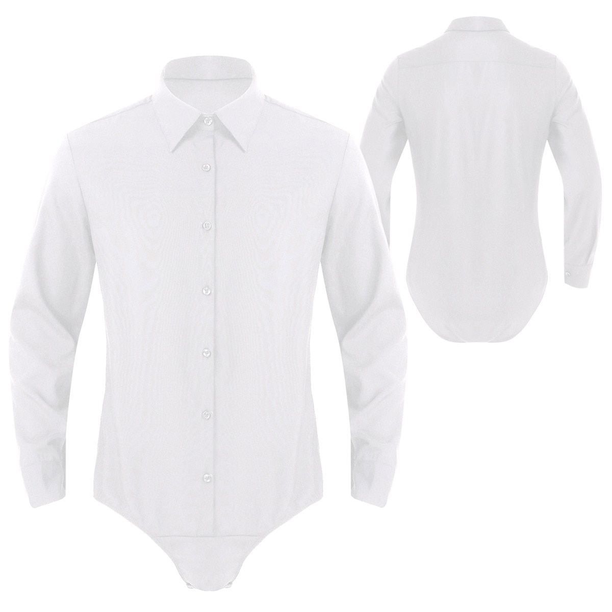 Adultes hommes une-pièce col rabattu manches longues bouton vers le bas couleur unie décontracté body chemise hauts pour rencontres fête formelle: White / XXL