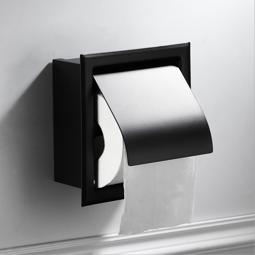 Modern Wall Mount Matte Black Toilet Paper Holder Bathroom Black Roll Paper Box Embedded Tissue Holder