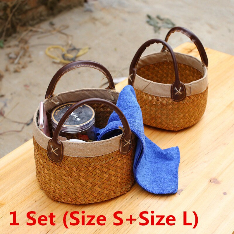 Cesta de mimbre hecha a mano con asa, Mini cesta de almacenamiento, cesta tejida Vintage para algas, maceta, jarrón, contenedor para artículos varios: S and L