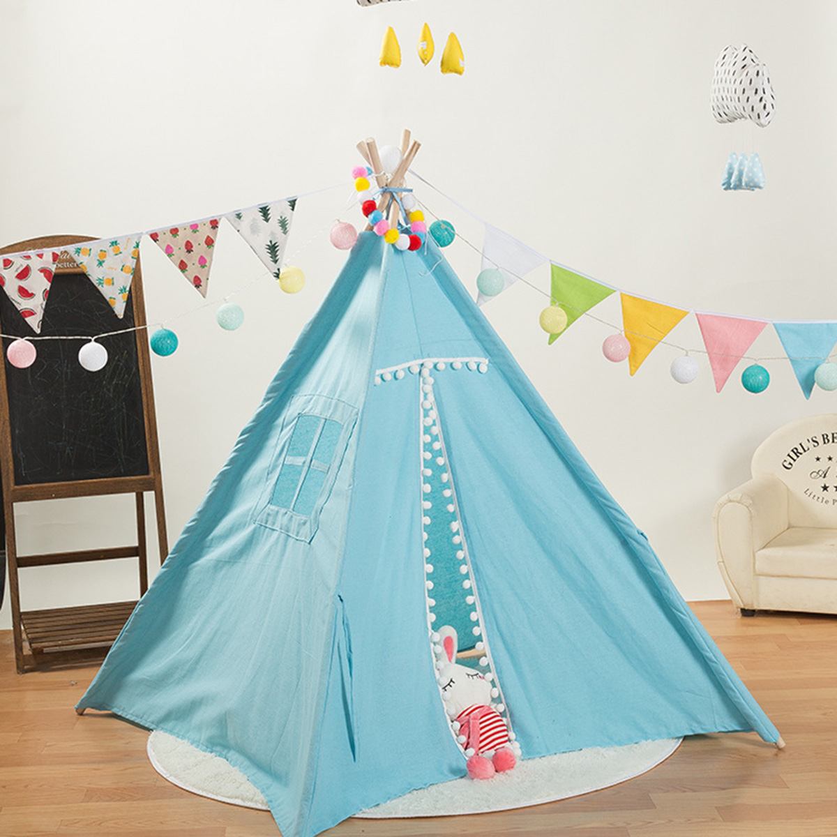 Tipi Tent Voor Kinderen Spelen-Tent Teepee Huis Wigwam Kamer Kinderen Tent Spel Huis Driehoek Teepee Bont bal Slapen Dome 135Cm: Blauw