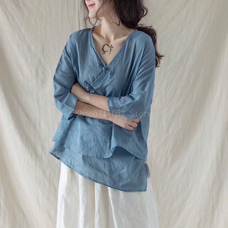 Ropa china tradicional Retro para mujer, camisas de lino con cuello en V, Tops holgados Vintage de doble capa, Tops elegantes de estilo chino Hanfu: Color3