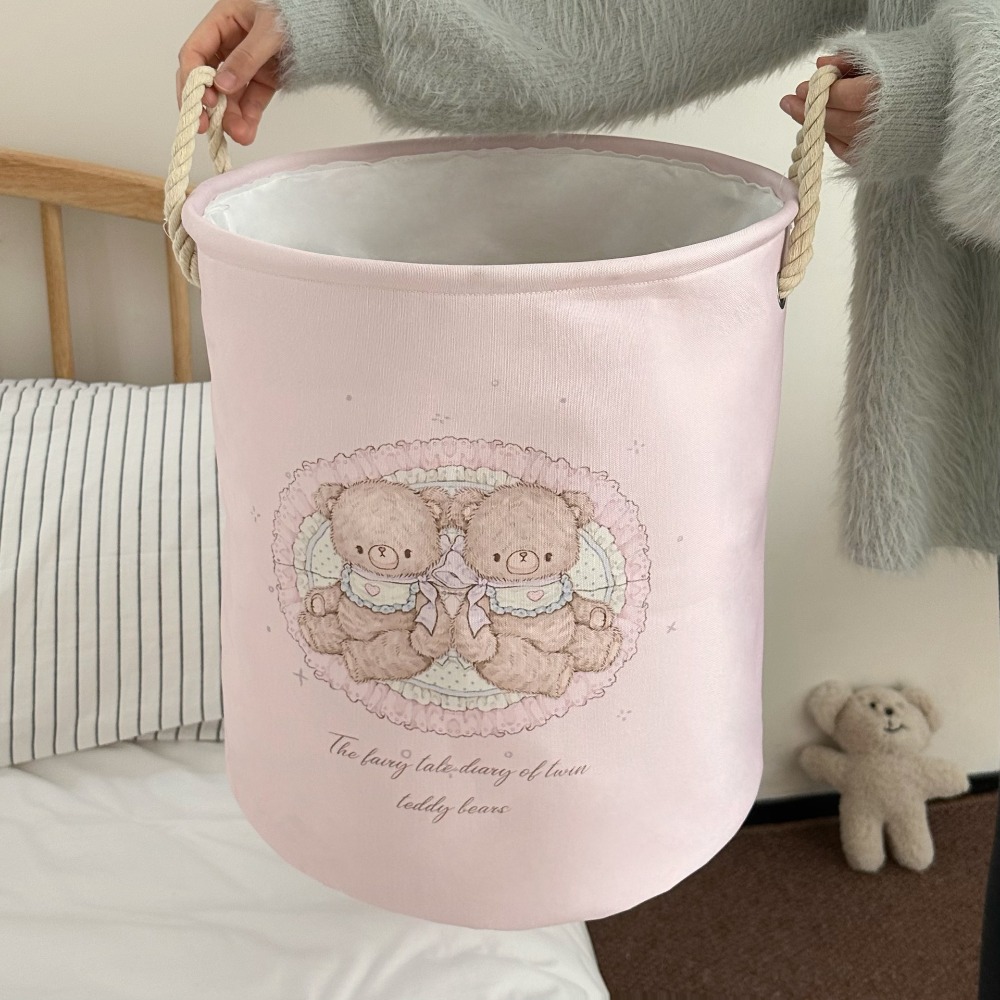Mignon avec poignées panier à linge grande capacité dessin animé ours lapin jouets panier de rangement pliable rond panier à vêtements chambre: Clair