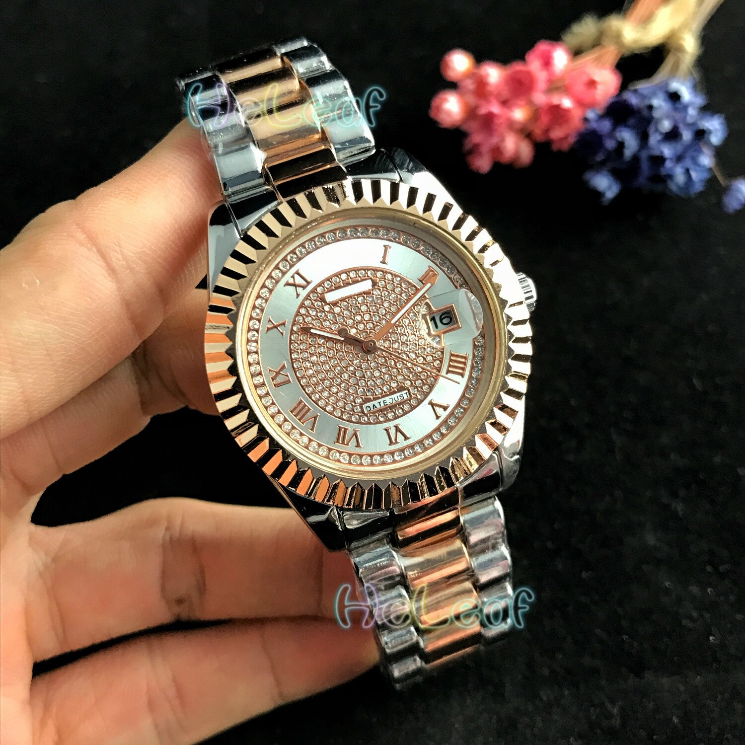 Kvinder ure luksus sølv guld runde diamant rustfrit stål bånd kvarts ur kvindelige ur montre femme reloj: Sølv og rose