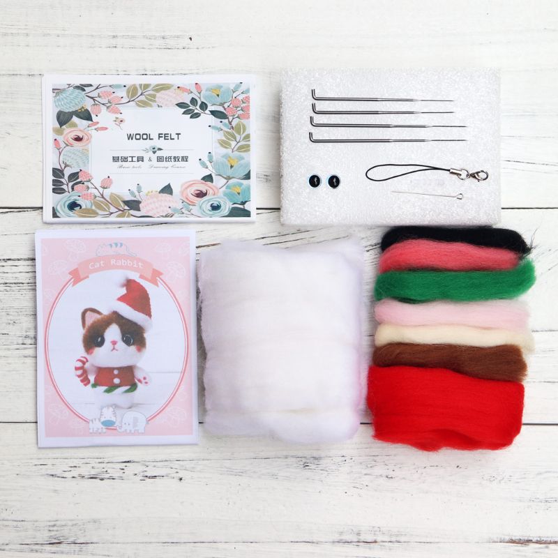 Gorra de Navidad gato lana manualidad de fieltro DIY inacabado pinchado conjunto Kit para manualidades para Material de la aguja bolsa hecha a mano pinchado conjunto: 07