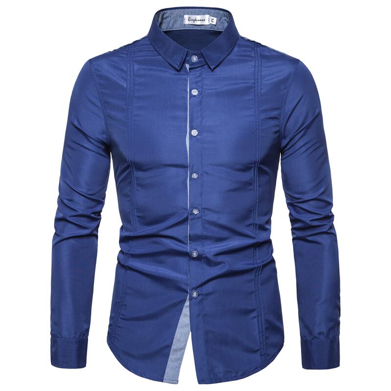 Casual Shirts Men Stitching Denim Long Sleeve Dress Shirt Chest Fold Daily Business Social Camisas 3XL: Blue Casual Shirts / Asian Size XXXL