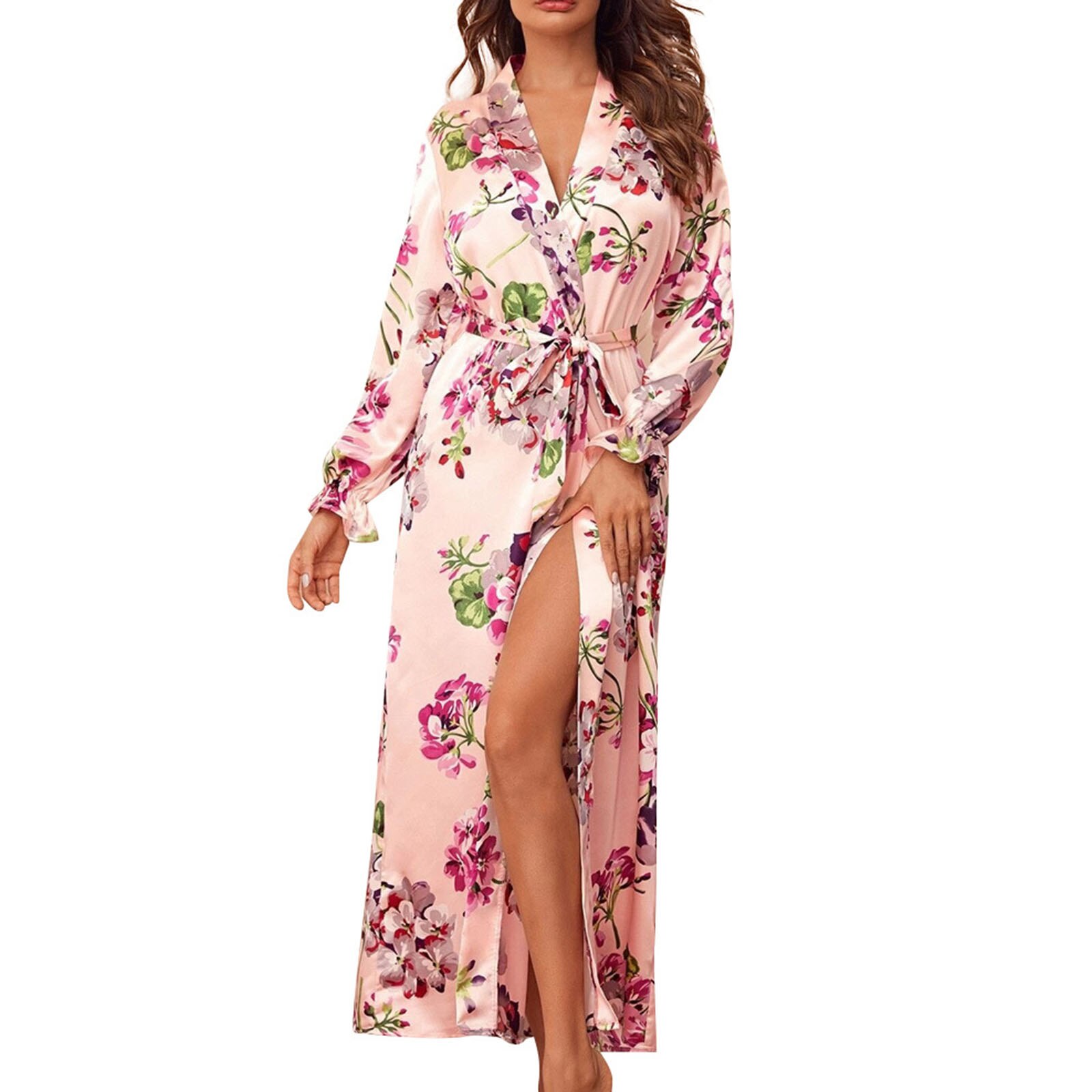 Dames zomer slaapjurk sexy v-hals kant bloemenprint lange mouwen nachtkleding eendelig homewear kleding: Xl
