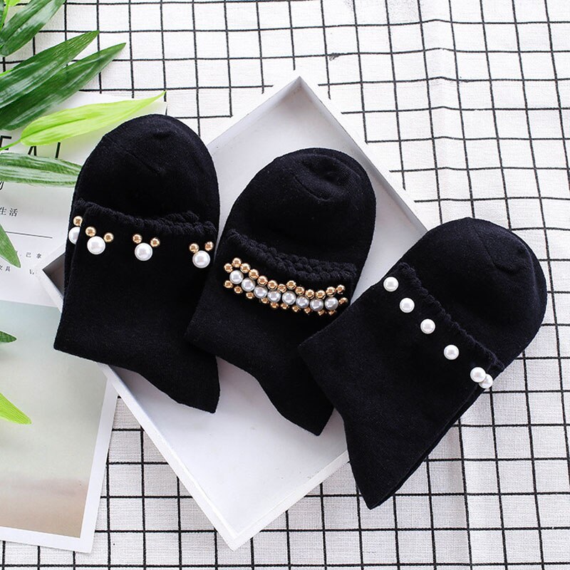 Black/White Korean Reto Pearl Socks Women Elastic Cotton Handmade Meias Socks Harajuku Calcetines Mujer