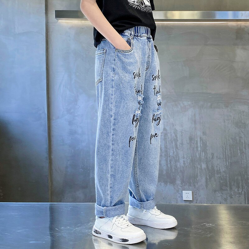 Pantalones vaqueros azules para niños, ropa de calle con letras rasgadas y agujeros, largos, lavados, para verano, 8, 10, 12 y 14 años