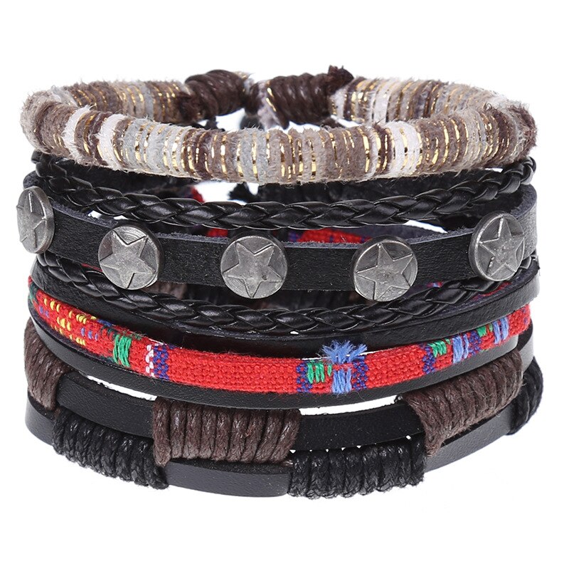 Pulseira de couro trançado 4 pçs/set, pulseiras para homens e mulheres, vintage, contas de madeira, cruz, étnica, esperança