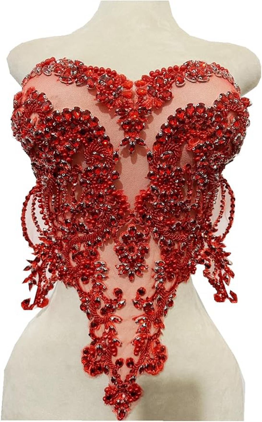 Pedrería hecha a mano dorada/azul/Verde/ren/blanca en corpiño de encaje, apliques de cuentas de costura, parches de adorno de piedras, accesorio para vestido: Rojo