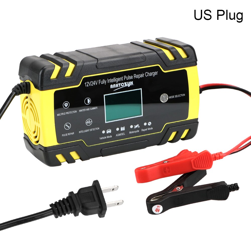 Car Battery Charger Full Automatic Digital LCD Display Intelligent 12V-24V 8A Pulse Repair Wet Dry Lead Acid Battery-chargers: US Plug