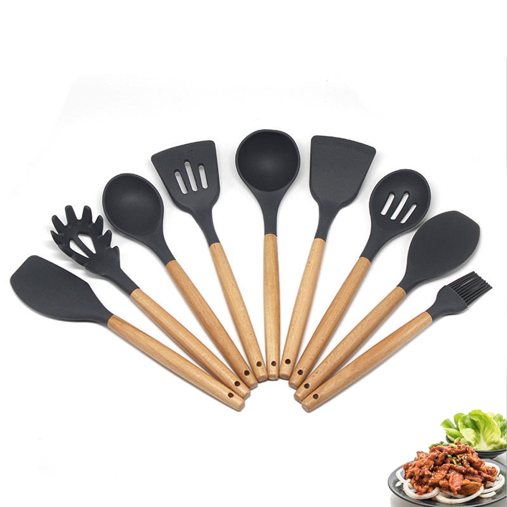 Multiple Style Wooden Handle Silicone Spatula Soup Spoon Fork Colander Shovel Cooking Utensils Kitchen Tool Suit Exquisite
