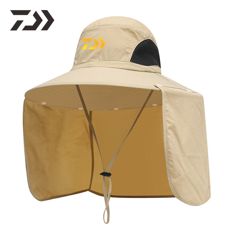 Unisex Daiwa Fishing Cap Hat Breathable Neck Face Men Women Outdoor Uv Protection Fishing Camping Solid Black Sun Caps: Khaki