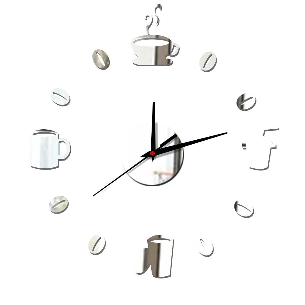 Reloj de pared silencioso para cocina, pegatinas de pared con efecto espejo acrílico, decoración moderna de cuarzo, granos de café, bricolaje