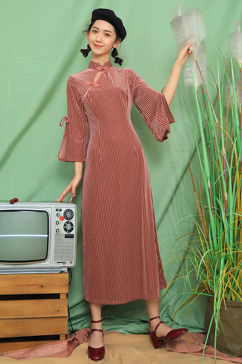 Vestidos de mujer elegantes primavera otoño terciopelo dorado chino nuestro vestido cheongsam mangas acampanadas cheongsam Midi-Vestidos largos