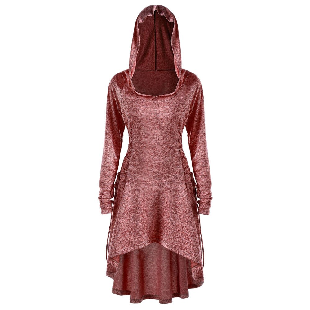 Women's Hooded Dress - Long Sleeve Side Bandage Casual Loose Irregular Hem