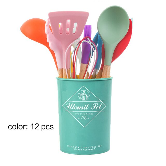 11pcs non-stick spatula kitchen utensils cooking set Multi-color storage barrels wooden handle silicone kitchen utensils: set 7