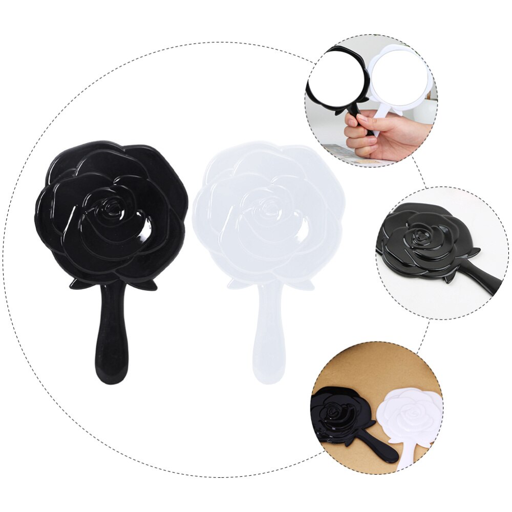 2pcs Travel Handheld Mirror Portable Vanity Mirror Rose Shape Mirror Black White