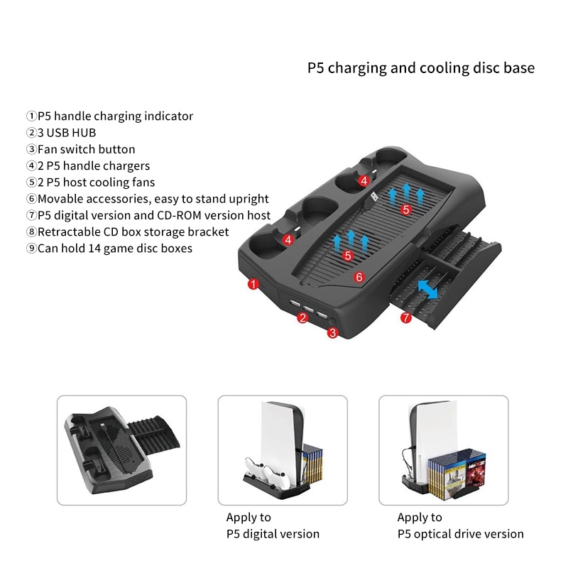 Para PS5 3 en 1 DE/UHD anfitrión multi-función DE carga ventilador DE refrigeración DE la base + Disco DE juego DE almacenamiento, bandeja DE base DE Asa cargador soporte