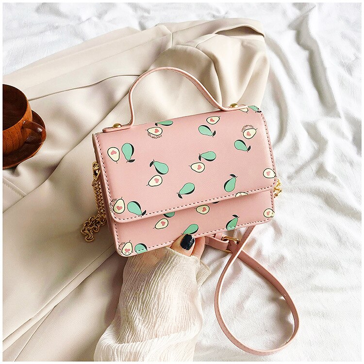 Bolso de verano con estampado de aguacate para mujer y niña, bolsas de mensajero de hombro con solapa, cadena cruzada: Rosa