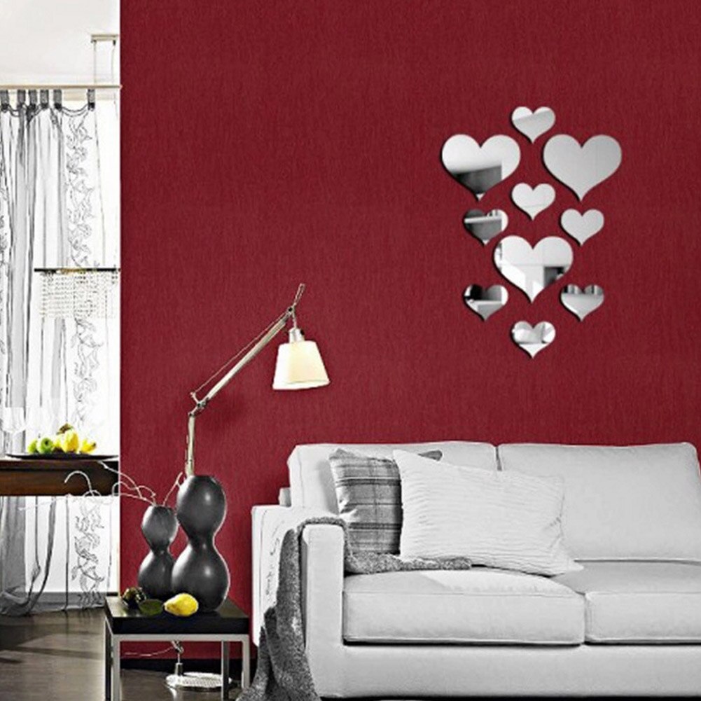 10 pçs em forma de coração espelho adesivo de parede 3d espelho arte decoração da parede diy adesivos de parede para crianças quartos meninos