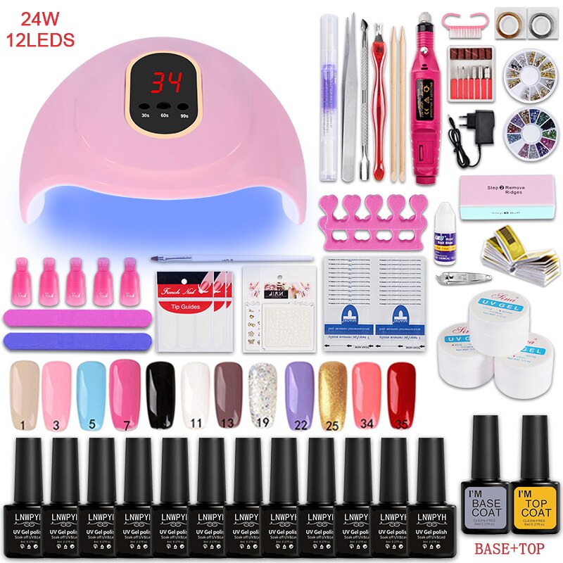 Manicure Set 18/12 Kleuren Nagellak Met Nail Boor Machine Nail Lamp Acryl Kit Nail Art Gereedschap Nail Art Decoraties nail Set: 24W 12 color Fixed