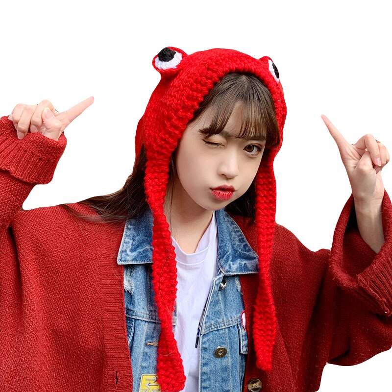 Cute Big Eyes Frog Hat Woman Woolen Knitted Hat Outdoor Hat Short Winter Children Long Hat Korean Student Hat Christmas: RD