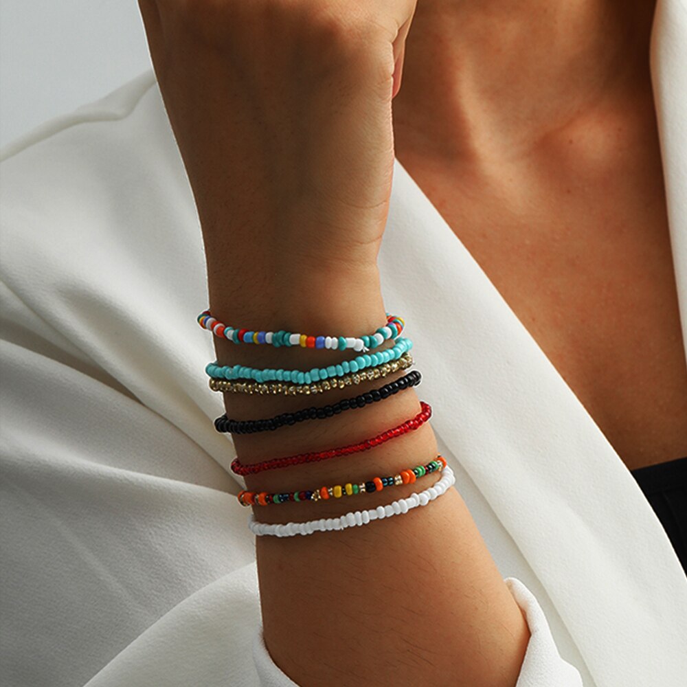 IngeSight.Z 7 – Bracelets en perles de rocaille arc-en-ciel pour femmes, bijoux bohème, chaîne de poignet en acrylique coloré, pièces/ensemble